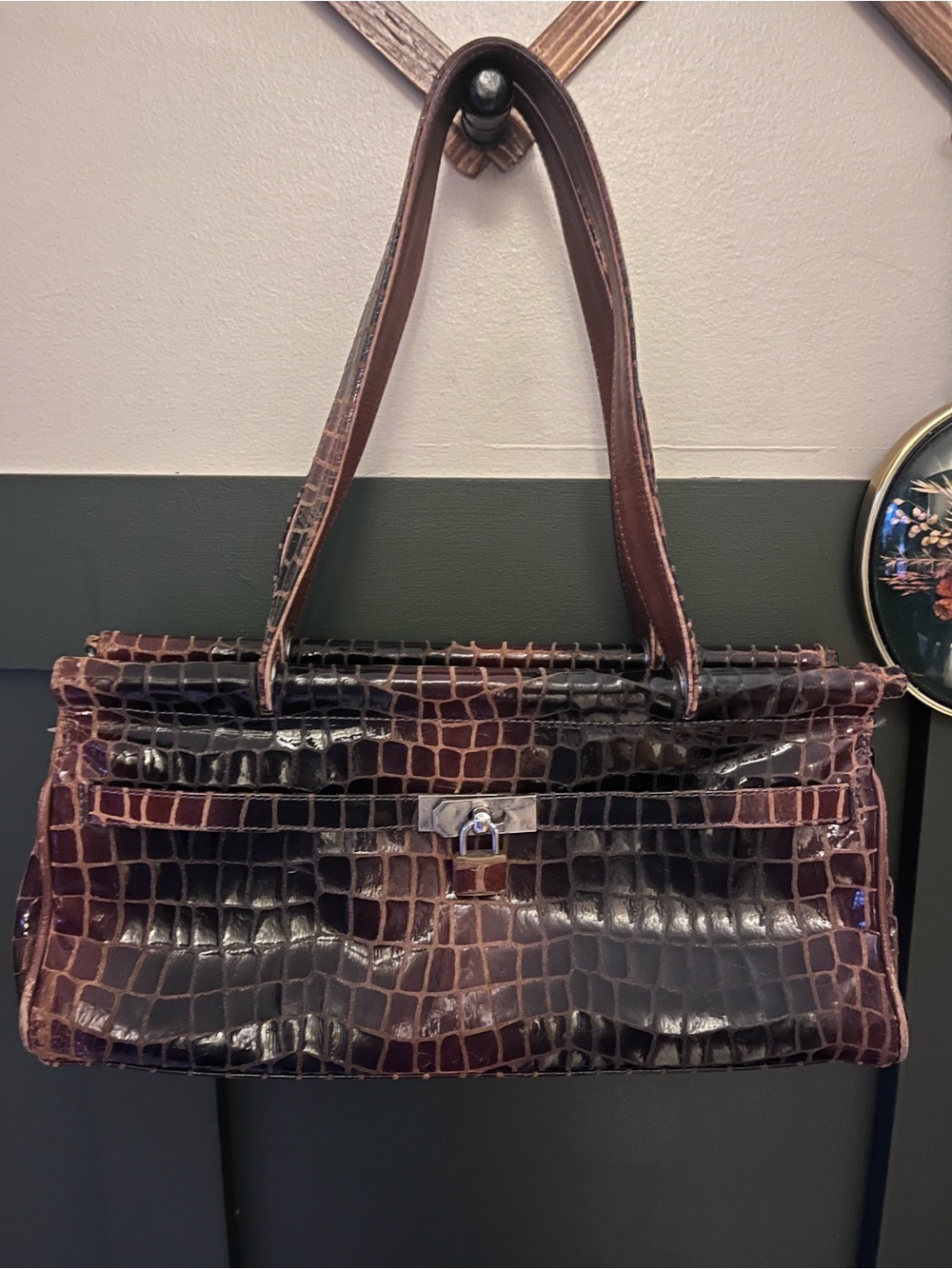 Croc-Embossed Dark Brown leather Shoulder Bag